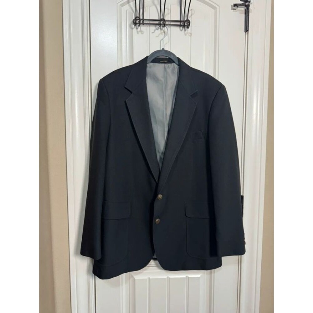 Haggar Black Blazer Coat Gold Crest Buttons Made in USA Size 44